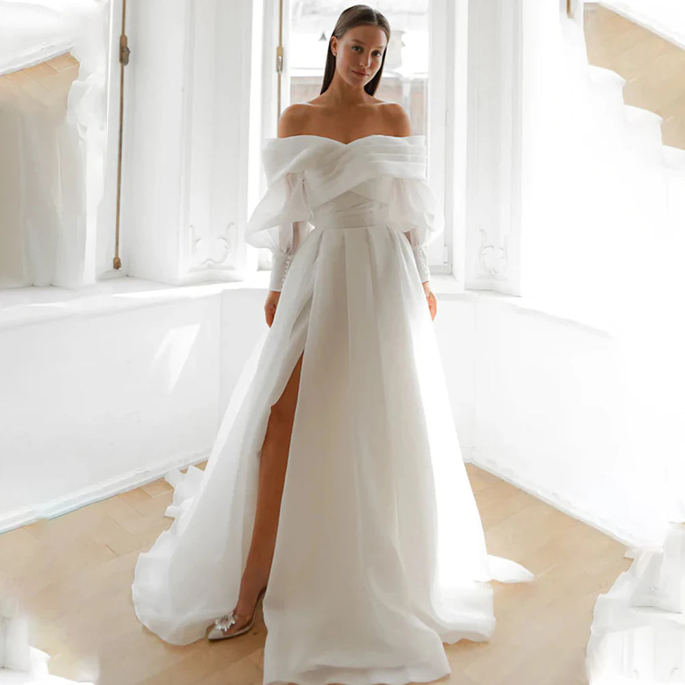 Elegant Off The Shoulder Pleat Sweetheart Organza Wedding Dresses Detachable Long Puff Sleeves Side Slit Bridal Grown Vestido De