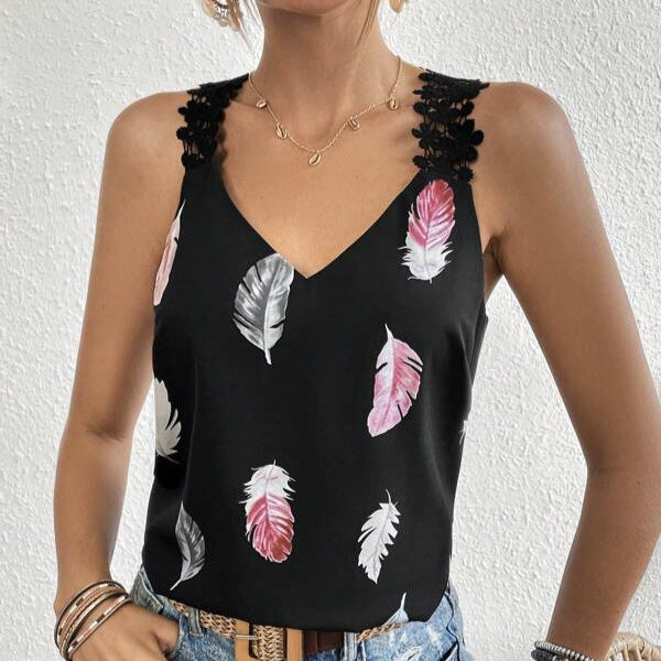 Women's Printed Feather Pattern Design V-neck Fashionable Slimming Camisole Vest - IFINDALL