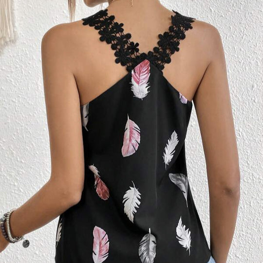 Women's Printed Feather Pattern Design V-neck Fashionable Slimming Camisole Vest - IFINDALL