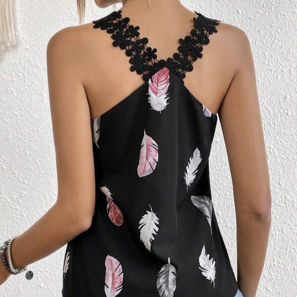 Women's Printed Feather Pattern Design V-neck Fashionable Slimming Camisole Vest - IFINDALL