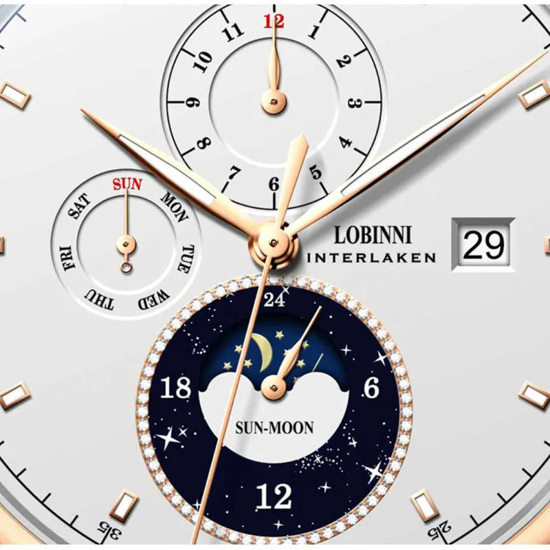 LOBINNI Designer Men Automatic Mechanical Watches Moon Phase Date Week Men Wristwatch Waterproof Sapphire Glass Watches - IFINDALL