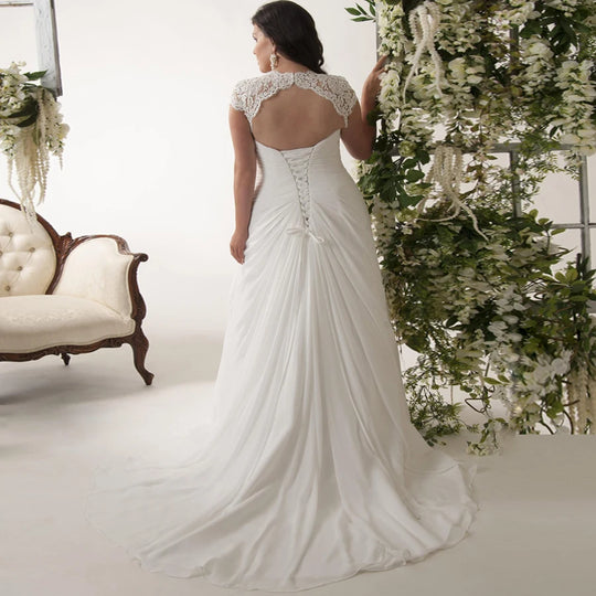 Jiayigong Cheap Plus Size Wedding Dresses Stock Customized Cap Sleeve V-neck Lace Applique Chiffon Beach  Dress Vestido De Novia - IFINDALL