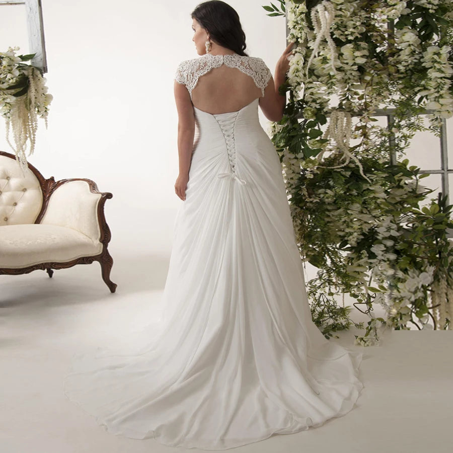 Jiayigong Cheap Plus Size Wedding Dresses Stock Customized Cap Sleeve V-neck Lace Applique Chiffon Beach  Dress Vestido De Novia - IFINDALL