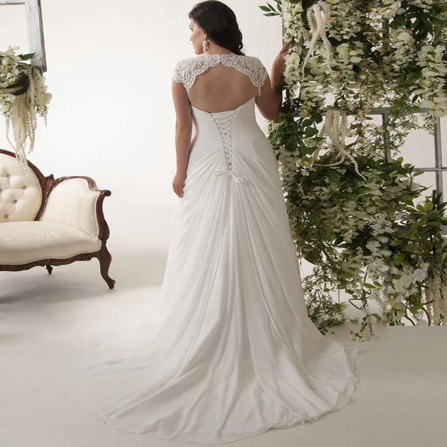 Jiayigong Cheap Plus Size Wedding Dresses Stock Customized Cap Sleeve V-neck Lace Applique Chiffon Beach  Dress Vestido De Novia - IFINDALL