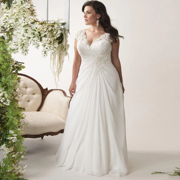 Jiayigong Cheap Plus Size Wedding Dresses Stock Customized Cap Sleeve V-neck Lace Applique Chiffon Beach  Dress Vestido De Novia - IFINDALL