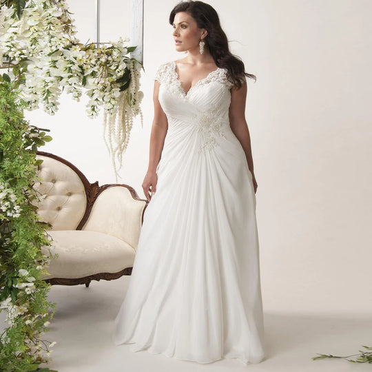 Jiayigong Cheap Plus Size Wedding Dresses Stock Customized Cap Sleeve V-neck Lace Applique Chiffon Beach  Dress Vestido De Novia - IFINDALL