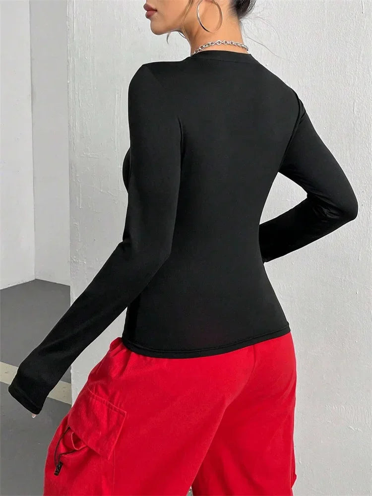 Spider Print Round Neck Long Sleeve Crop Tee Top for Women Autumn Winter Spring Y2K Clothes Slim Fit T-shirt Tshirt Streetwear - IFINDALL