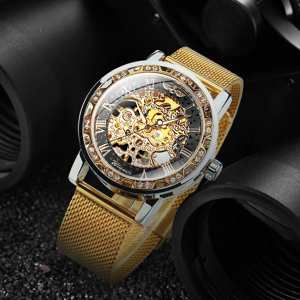 WINNER Roman Mechanical Watches for Men Fashion Gold Skeleton Mens Watch Luxury Mesh Stainless Steel Strap Luminous Unisex Clock - IFINDALL
