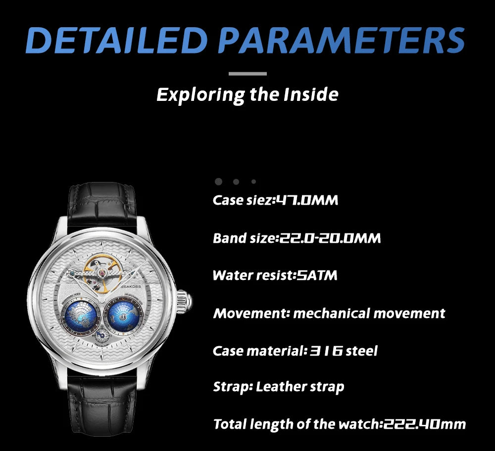 SEAKOSS Male Dual Earth Rotating Mechanical Men's Watch Automatic Movement Waterproof Clock Pilots 1963 Flywheel Wristwatches - IFINDALL
