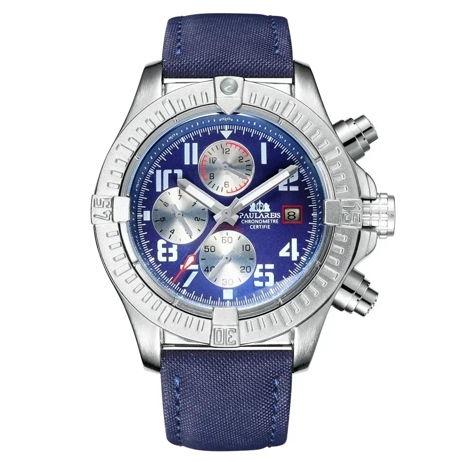 Automatic Mens Watch Self Wind Mechanical Canvas Style Genuine Black Blue Leather Multifunction Date Month Luminous Watches - IFINDALL