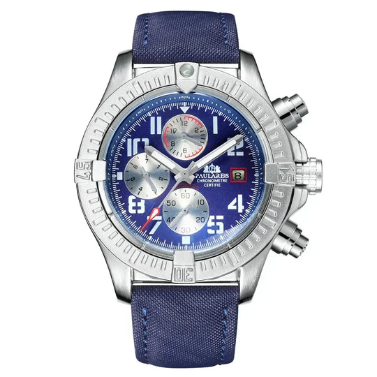Automatic Mens Watch Self Wind Mechanical Canvas Style Genuine Black Blue Leather Multifunction Date Month Luminous Watches - IFINDALL