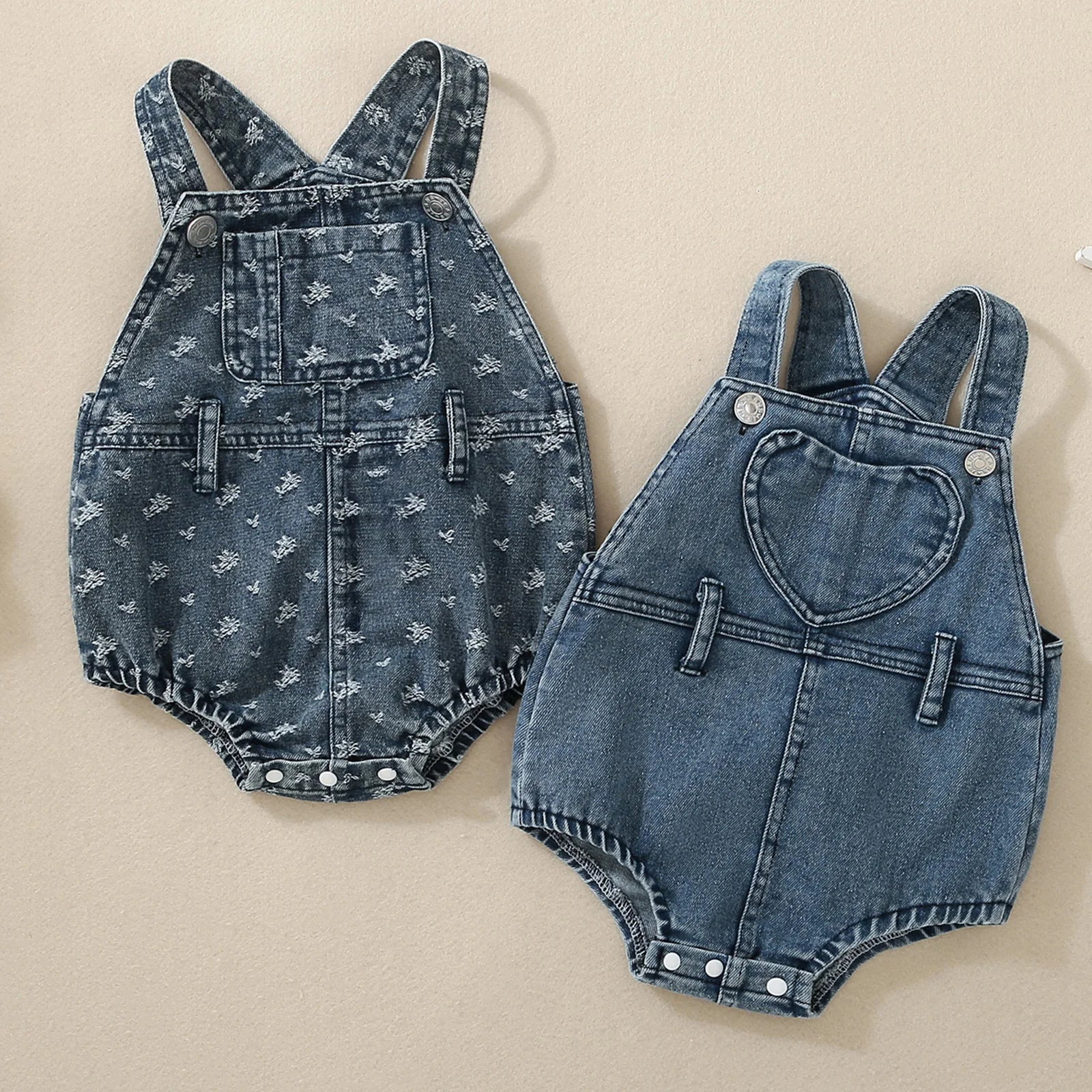 FOCUSNORM 0-24M Lovely Baby Girls Boys Denim Overalls Romper Floral Heart Print Sleeveless Jean Bodysuit with Pocket