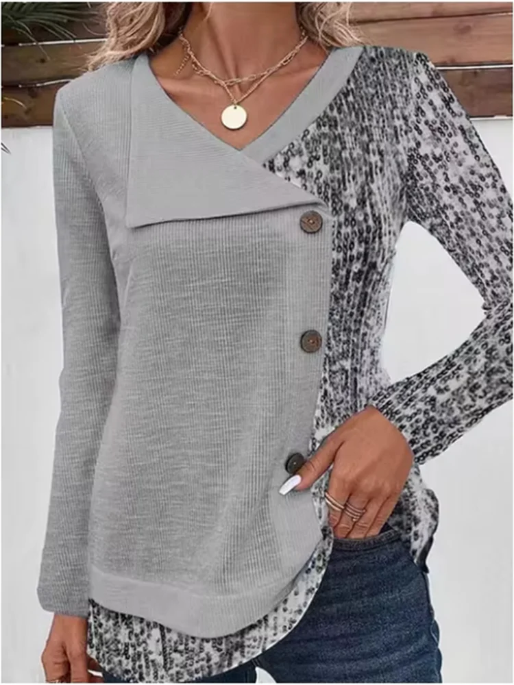 4 Color Blocked Button Long Sleeved Blouse Irregular Collar Women's Casual T-shirt Street Fashion Daily Autumn Top - IFINDALL