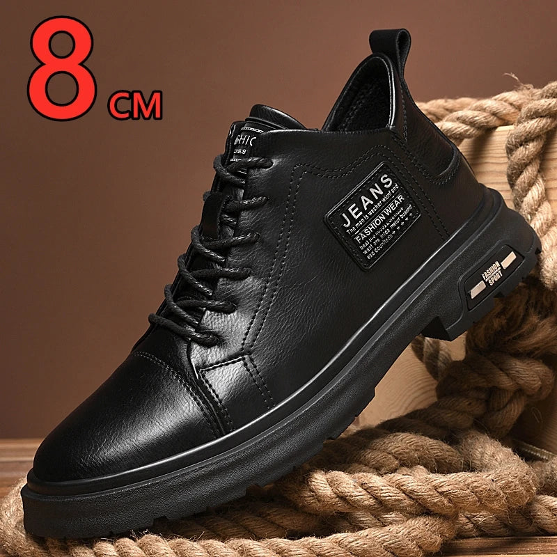 Man Genuine Leather Lift Shoes Comfort Lace Up Casual Elevator Shoes Commerce Breathable Height Increase Insole 8CM Men Sneakers - IFINDALL