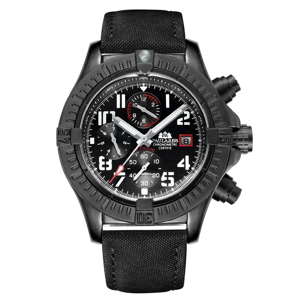 Automatic Mens Watch Self Wind Mechanical Canvas Style Genuine Black Blue Leather Multifunction Date Month Luminous Watches - IFINDALL