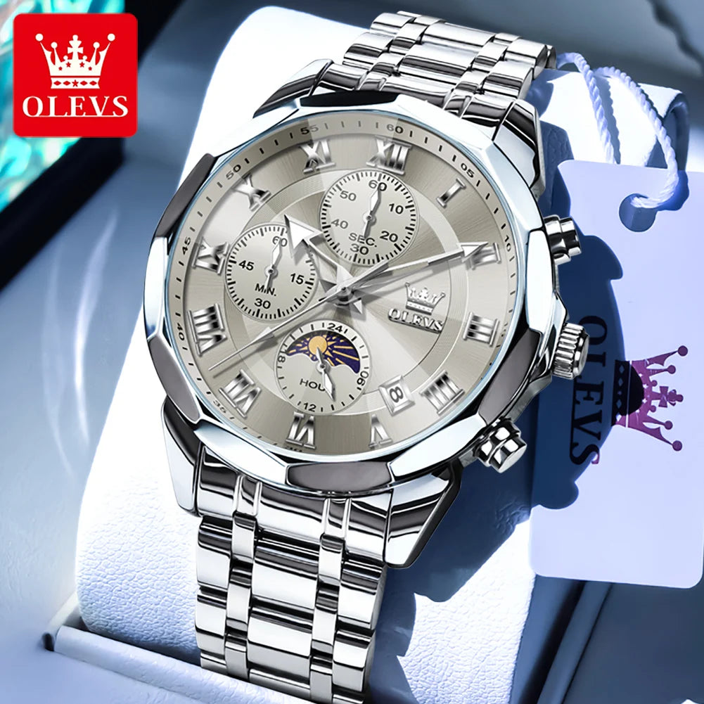 OLEVS 3675 Mens Watch Original Multifunctional Chronograph Quartz Watch Moon Phase Watches For Men Waterproof Mens Gifts Reloj - IFINDALL