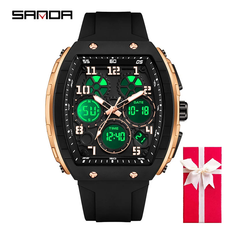 Men Sports Digital Wrist Watches For Male Clock Dual Display Man Tonneau Watches Chronograph Luminous Silicone Band Dropship - IFINDALL