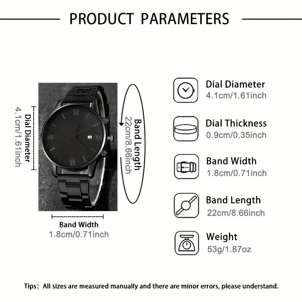 4pcs/set, Men's Simple Pointer Round Black Calendar Quartz Watch and Black Cross Pendant Necklace, Ring, Bracelet, Gift for Him - IFINDALL