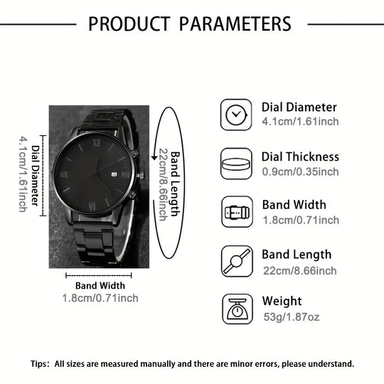 4pcs/set, Men's Simple Pointer Round Black Calendar Quartz Watch and Black Cross Pendant Necklace, Ring, Bracelet, Gift for Him - IFINDALL