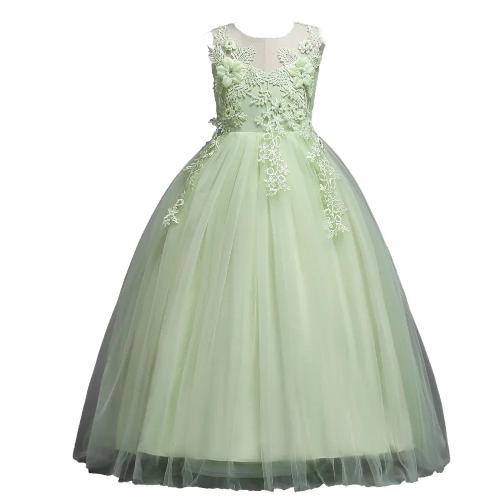 Beautiful Long Flower Girl Dress For Girls Elegant Burgundy Pink Green White Kids Wedding Party Gowns Long Communion Dresses - IFINDALL
