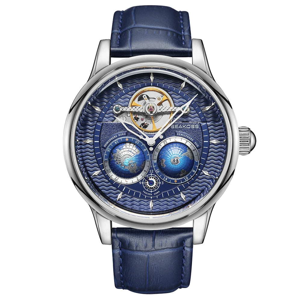 SEAKOSS Male Dual Earth Rotating Mechanical Men's Watch Automatic Movement Waterproof Clock Pilots 1963 Flywheel Wristwatches - IFINDALL