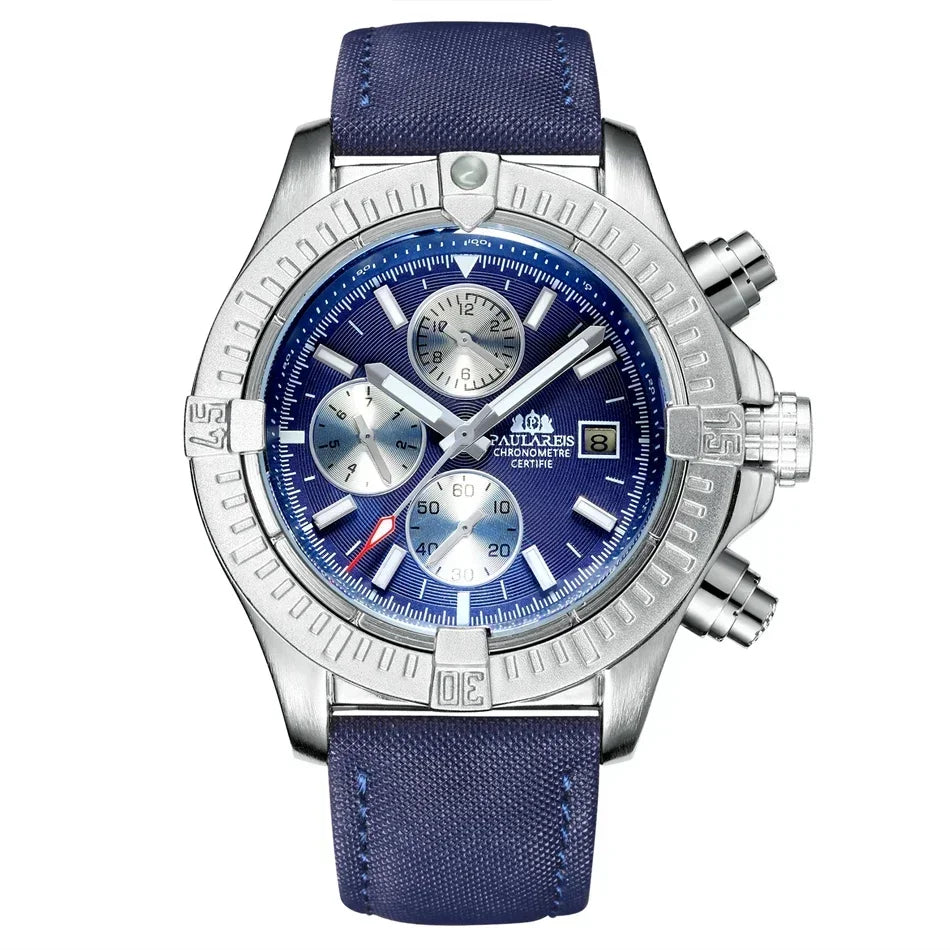 Automatic Mens Watch Self Wind Mechanical Canvas Style Genuine Black Blue Leather Multifunction Date Month Luminous Watches - IFINDALL