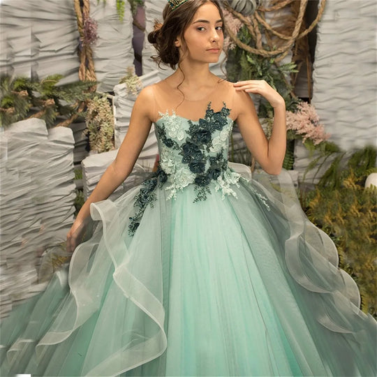 Fashion Long Princess Flower Girl Dresses Appliques Beaded Sleeveless Tulle Ruffles A Line Wedding Party  Birthday Pageant Gowns - IFINDALL