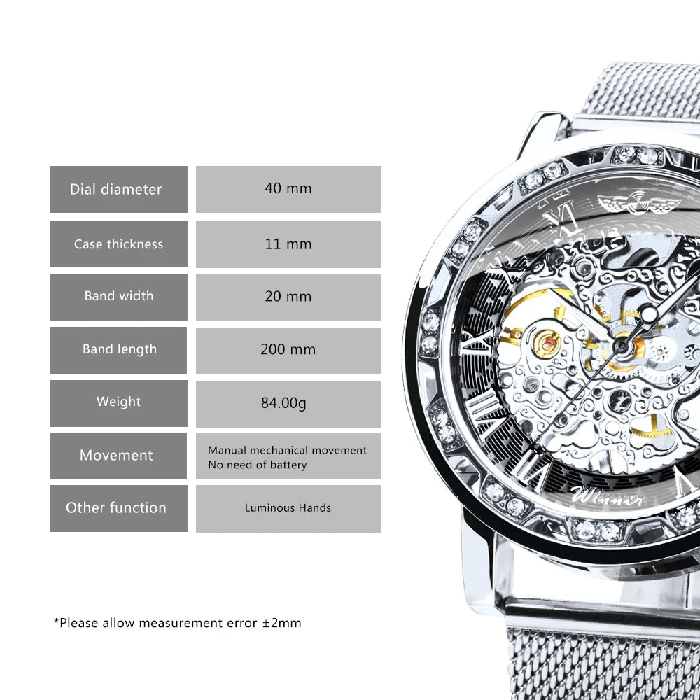 WINNER Roman Mechanical Watches for Men Fashion Gold Skeleton Mens Watch Luxury Mesh Stainless Steel Strap Luminous Unisex Clock - IFINDALL
