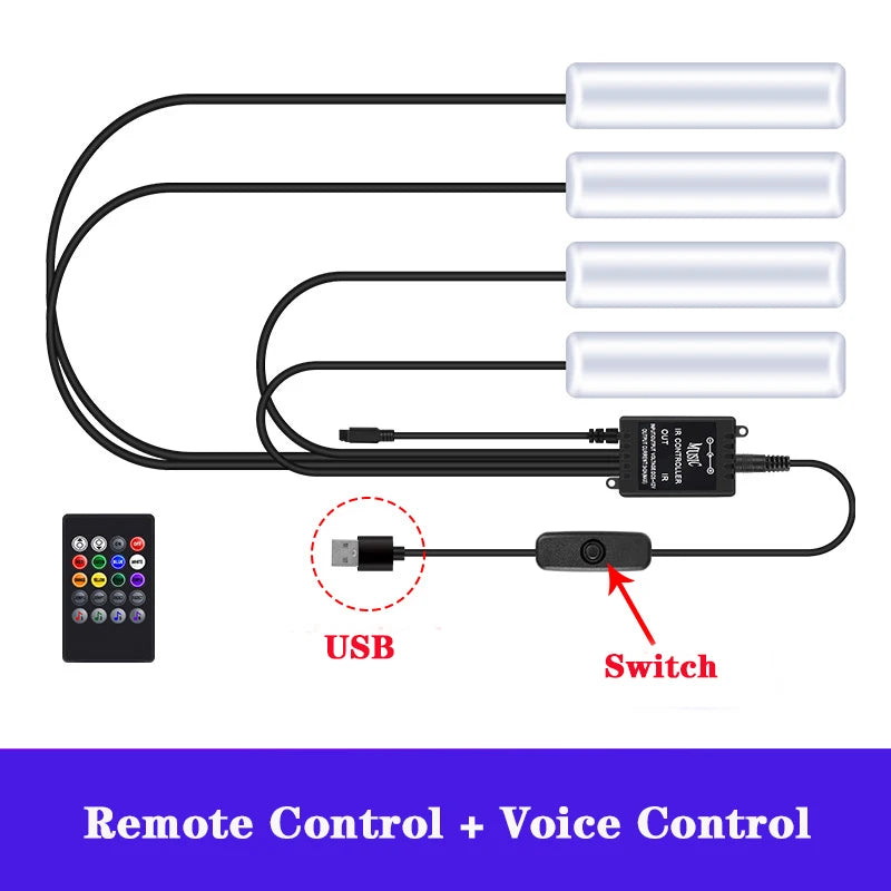 LED Car Interior Ambient Foot Strip Light Kit Accessories Backlight Remote App Music Control Auto RGB Decorative Lamp - IFINDALL