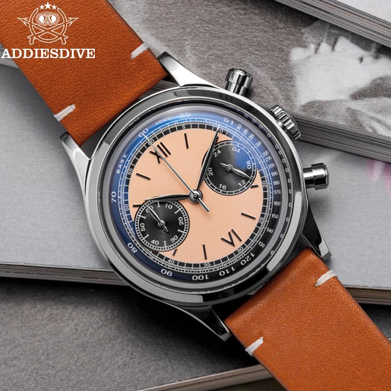 ADDIESDIVE AD2037 Men Quartz Watch Multifunctional 24 Hour Chronograph Black Dial Leather Watches  100m Dive Business Wristwatch - IFINDALL