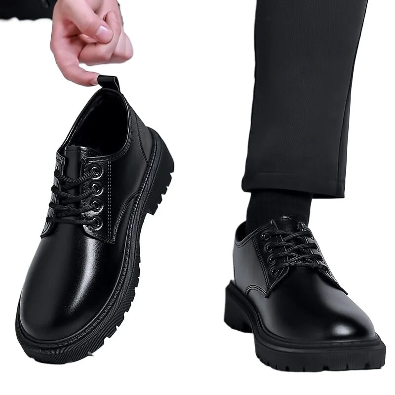 Men new breathable shoes Black waterproof leather footwear Thicksoled versatile fashion sneakers Casual comfort male board shoes - IFINDALL