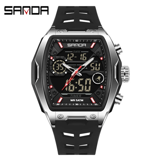 SANDA 6235 Dual Display Electronic Watch Barrel Big Dial Sports LED Analog Digital Chronograph Military Wristwatch 2025 - IFINDALL
