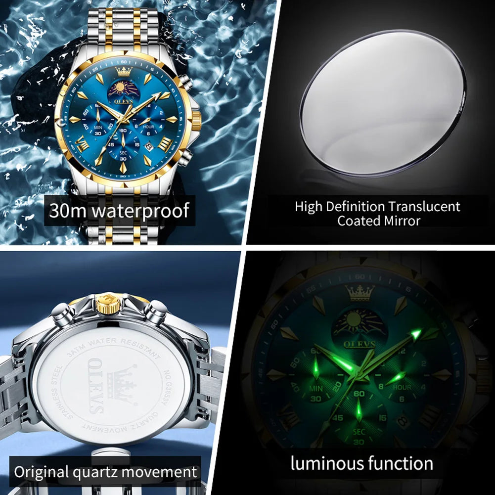 OLEVS 3653 Men Watch Luxury Brand Quartz Watch Multi functional Automatic Date Timer Watch Waterproof Luminous Moonphase Watch - IFINDALL