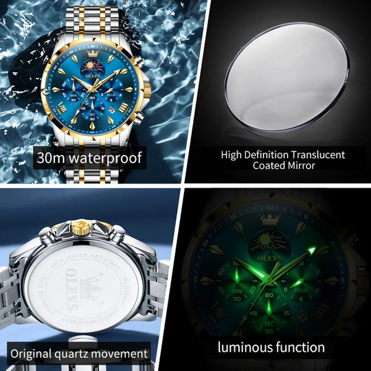 OLEVS 3653 Men Watch Luxury Brand Quartz Watch Multi functional Automatic Date Timer Watch Waterproof Luminous Moonphase Watch - IFINDALL