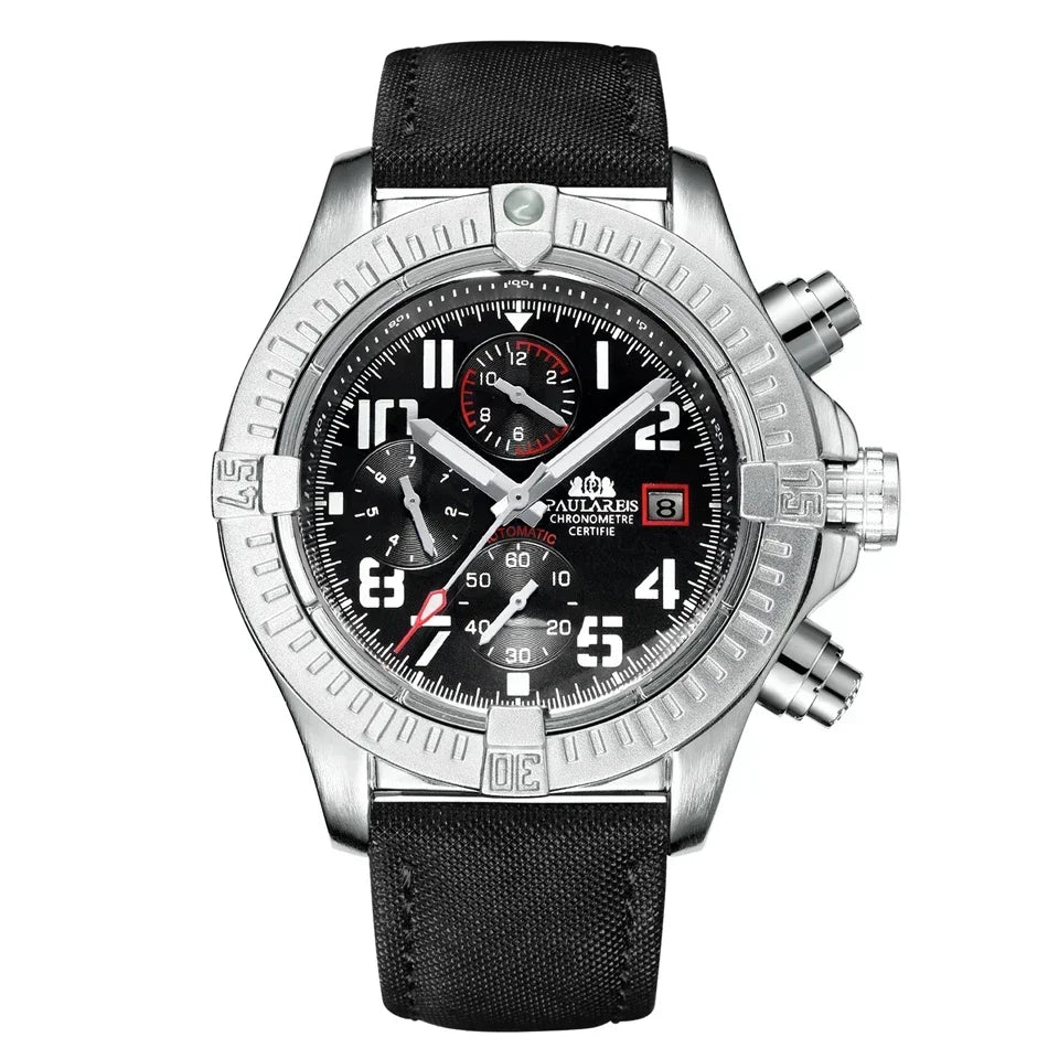 Automatic Mens Watch Self Wind Mechanical Canvas Style Genuine Black Blue Leather Multifunction Date Month Luminous Watches - IFINDALL