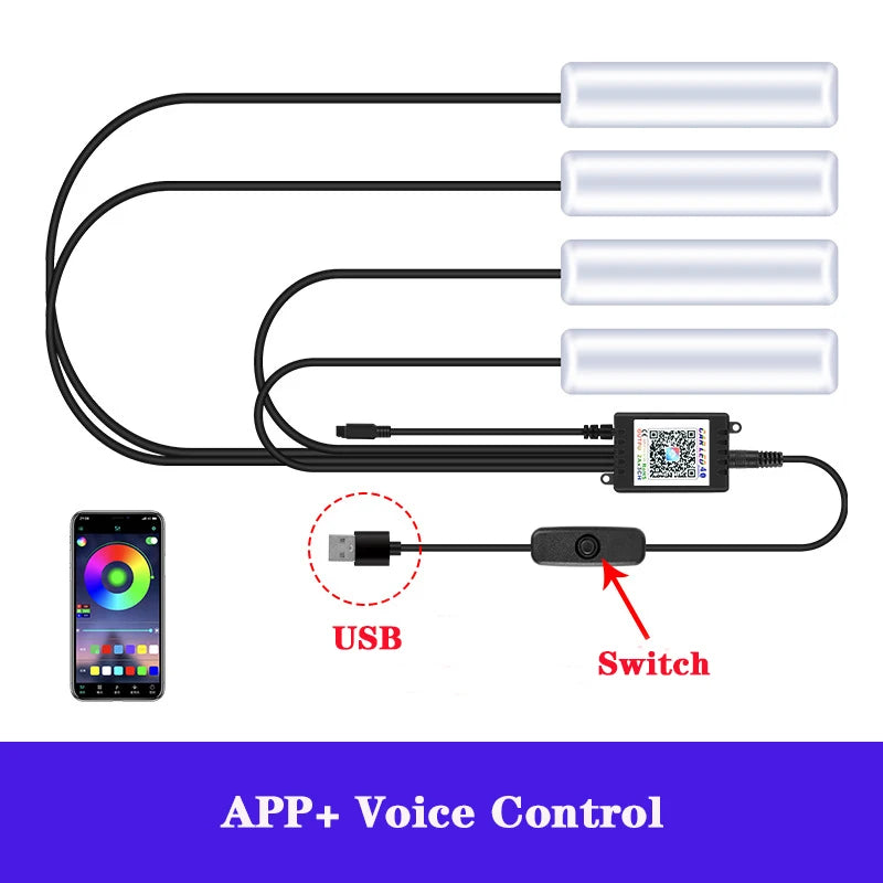 LED Car Interior Ambient Foot Strip Light Kit Accessories Backlight Remote App Music Control Auto RGB Decorative Lamp - IFINDALL