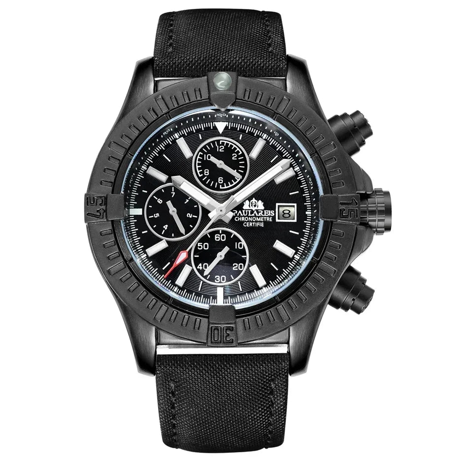Automatic Mens Watch Self Wind Mechanical Canvas Style Genuine Black Blue Leather Multifunction Date Month Luminous Watches - IFINDALL