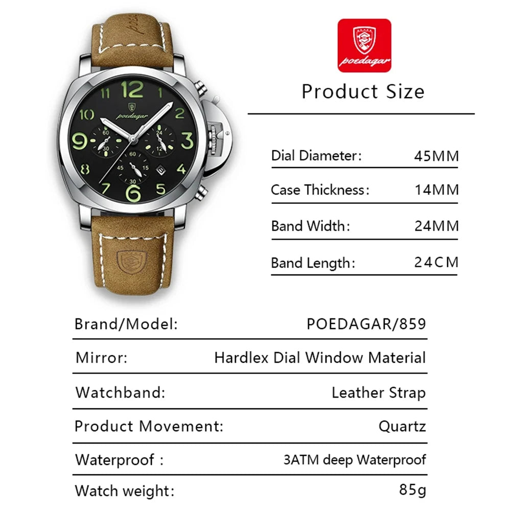 POEDAGAR Sports Military Watch For Men Waterproof Luminous Leather Man Watch Quartz High Quality Men's Sports Watches Male Reloj - IFINDALL