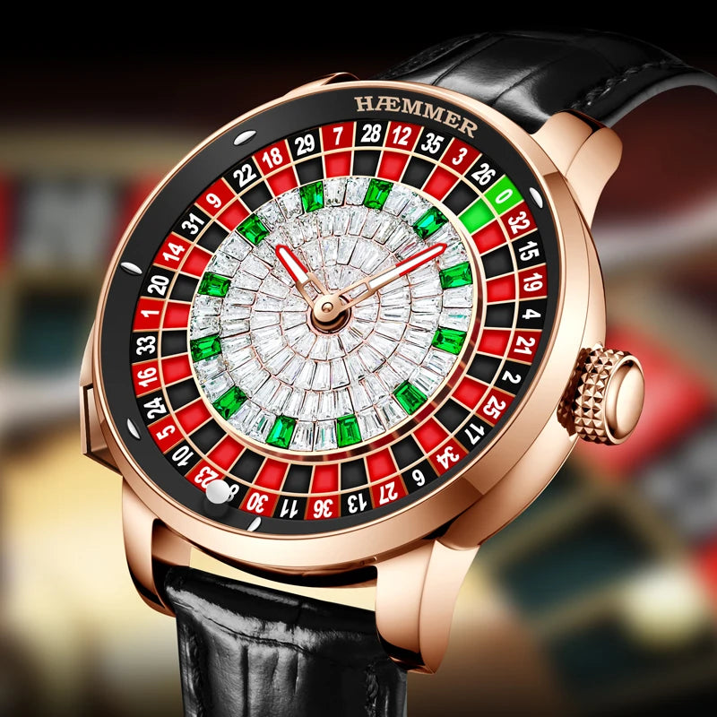 HAEMMER  New Men's Mechanical Watch Diamond Face NH35 Watch Men's Push Button Roulette Rotating Sapphire Glass Watch Waterproof - IFINDALL