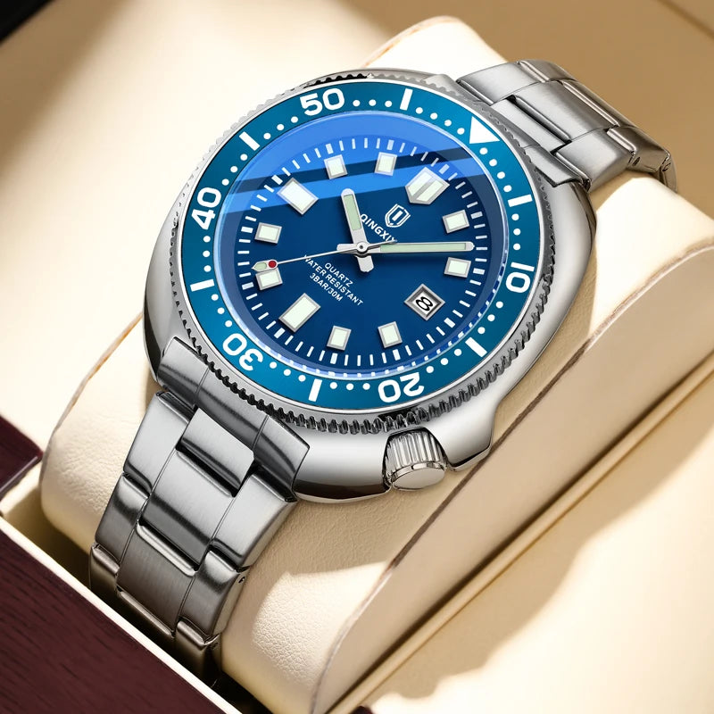 QINGXIYA Brand New Fashion Design Date Quartz Watch for Men Stainless Steel Waterproof Luminous Mens Watches Relogio Masculino - IFINDALL