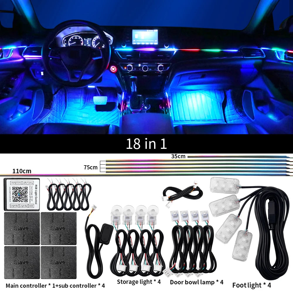 18 in 1 LED Symphony Ambient Lights Car Interior Full Color Streamer RGB 64 Colors Neon Acrylic Strip Decoration Atmosphere Lamp - IFINDALL