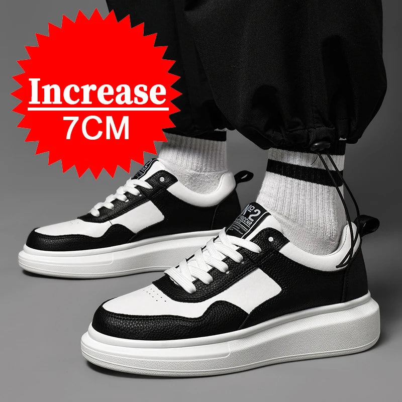 Luxury Leather Elevator Shoes Men's Sneakers Height Increasing Shoes Invisible 7CM Heighten Sports Shoes Taller Lift White Shoes - IFINDALL