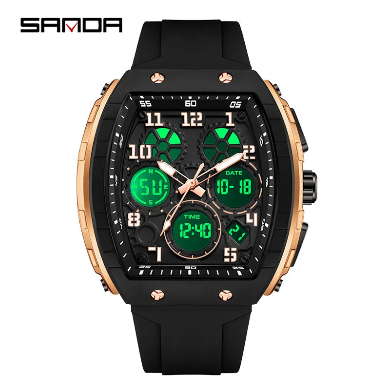 Men Sports Digital Wrist Watches For Male Clock Dual Display Man Tonneau Watches Chronograph Luminous Silicone Band Dropship - IFINDALL