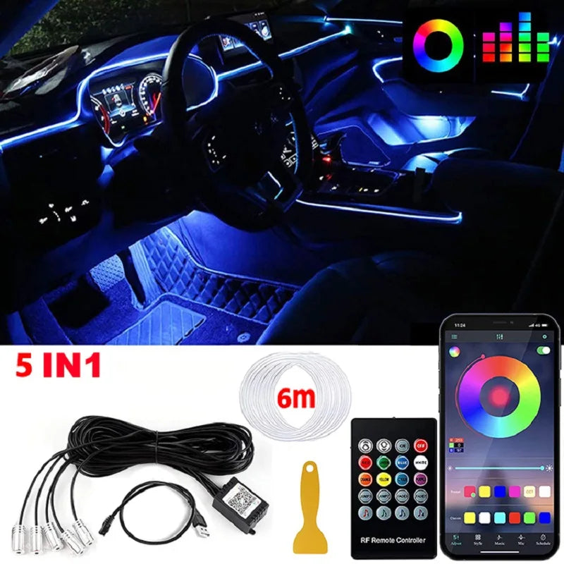 Neon Car LED Interior Lights RGB Ambient Light Fiber Optic Kit With APP Wireless Control LED Auto Atmosphere Decorative Lamp 12V - IFINDALL