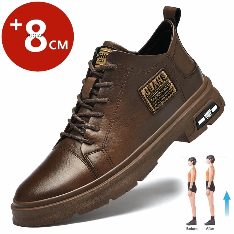 Man Genuine Leather Lift Shoes Comfort Lace Up Casual Elevator Shoes Commerce Breathable Height Increase Insole 8CM Men Sneakers - IFINDALL