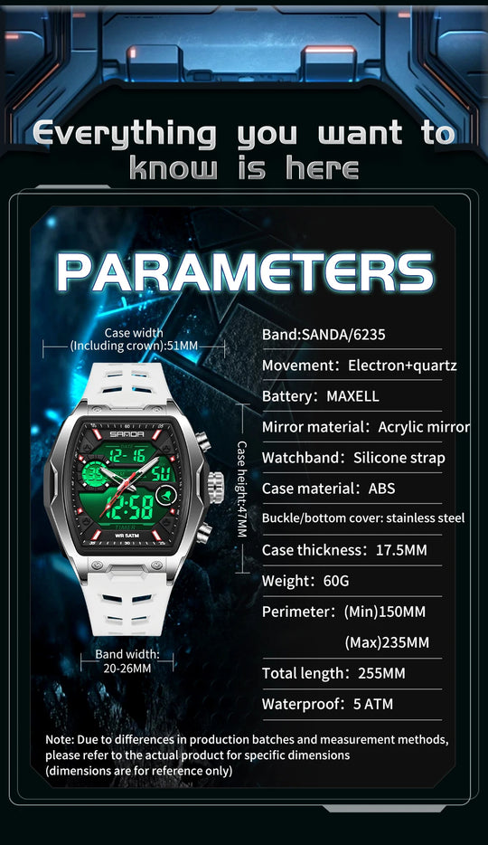 SANDA 6235 Dual Display Electronic Watch Barrel Big Dial Sports LED Analog Digital Chronograph Military Wristwatch 2025 - IFINDALL