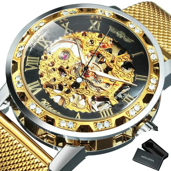 WINNER Roman Mechanical Watches for Men Fashion Gold Skeleton Mens Watch Luxury Mesh Stainless Steel Strap Luminous Unisex Clock - IFINDALL