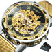 WINNER Roman Mechanical Watches for Men Fashion Gold Skeleton Mens Watch Luxury Mesh Stainless Steel Strap Luminous Unisex Clock - IFINDALL