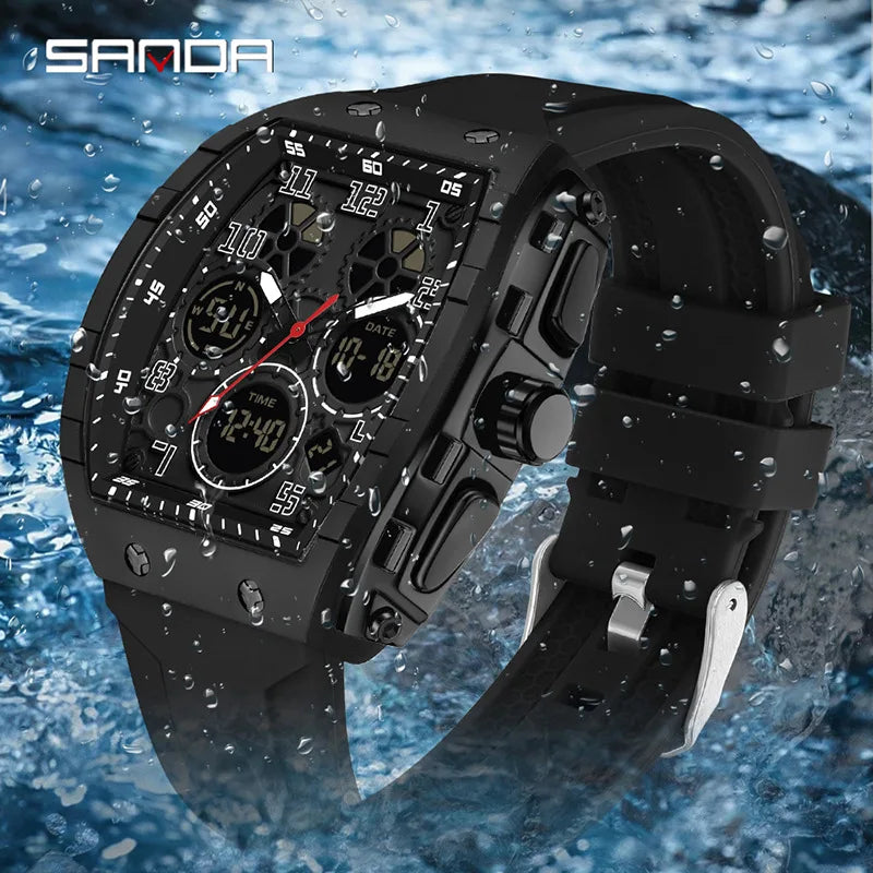 Men Sports Digital Wrist Watches For Male Clock Dual Display Man Tonneau Watches Chronograph Luminous Silicone Band Dropship - IFINDALL