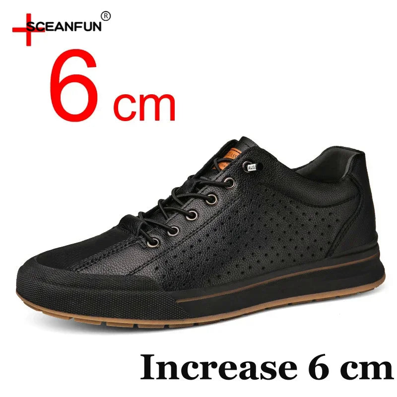 Genuine leather men skataboard shoes elevator 6cm height increase sports loafers hollow breathable sneakers designer shoes - IFINDALL